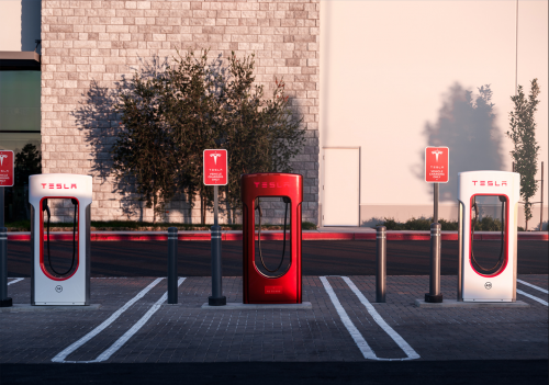 特斯拉第 5 万个汽车超充桩亮相:红色特殊涂装,配有 50000 铭牌